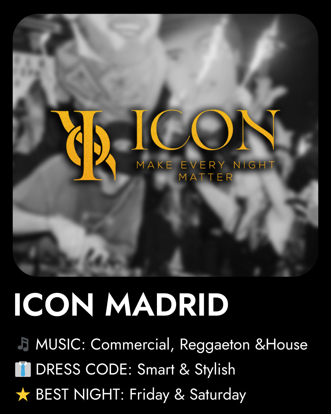 Promotional poster for ICON Madrid with event details and music genre information.