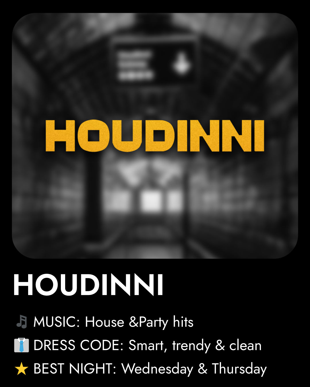 Promotional poster for Houdinni Madridwith event details and a blurred background.
